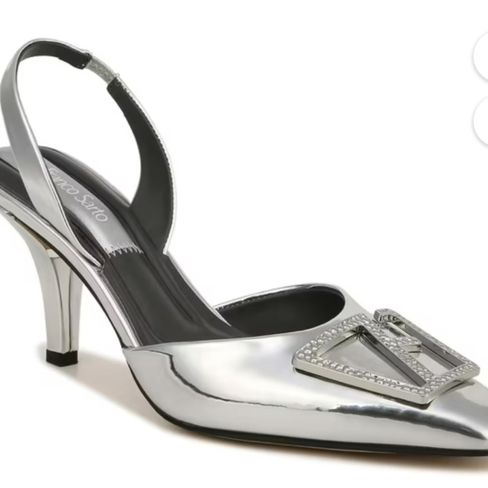 Franco Sarto Leigha Metallic Silver Slingback Mules with Crystal Logo Accent